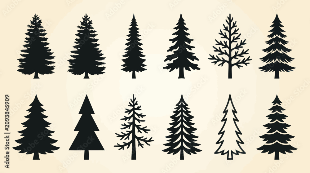 Obraz premium Diverse evergreen tree silhouettes collection