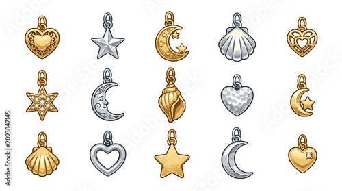 Collection of gold and silver holiday charms including hearts stars moons shells and more