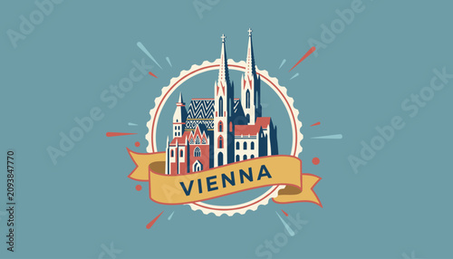 Stylized retro emblem featuring St Stephens Cathedral in Vienna with vintage color scheme and circular design on a blue background.