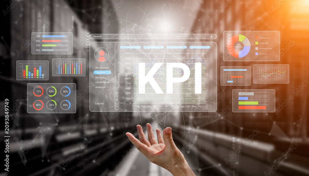 Obraz premium Business Metrics Visualization with Hands Reaching for KPI Data in a Digital Workspace with Charts and Graphs for Performance Assessment and Analysis. Glyphic.