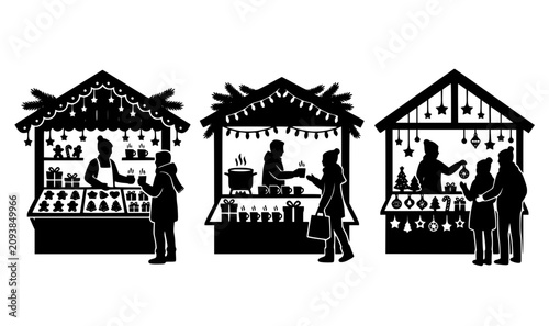 Christmas market stall silhouette vector set with festive winter holiday wooden cabin booths and shopping people shapes on white background