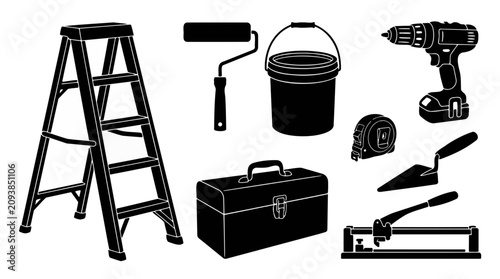 Tools for construction and home renovation are arranged together as a collection of professional equipment.