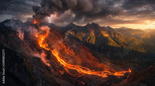 Active Volcano Eruption with Flowing Lava Across Rugged Landscape