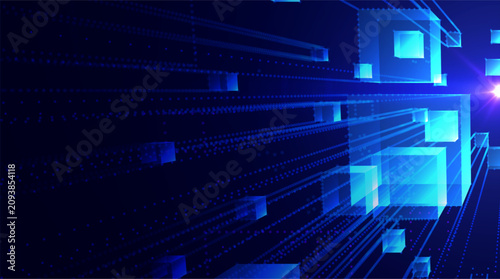 Futuristic technology banner template with copy space, glowing data streams and blue digital network elements. Modern business presentation with abstract data flow, digital lines and geometric forms.