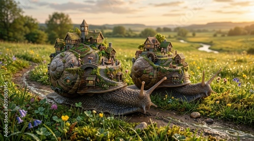 Enchanted Snails Carrying Tiny Villages Through Lush Green Fields at Sunset.