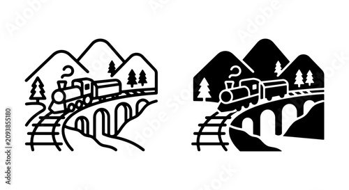 Obraz na płótnie Vintage Train Landscape Icons, Retro Steam Engine Railway Art, Mountain Scenery