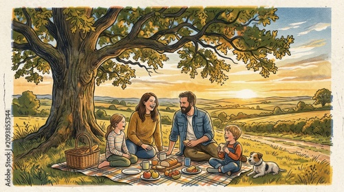 Family enjoying a scenic picnic under a large oak tree at sunset.