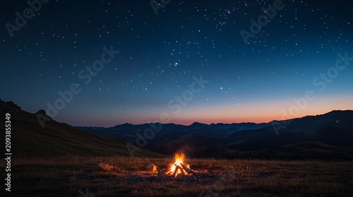 A warm campfire crackles softly as it casts a flickering glow on the surrounding grass