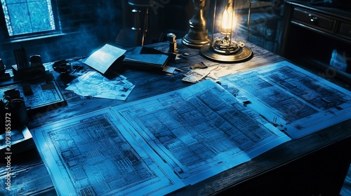 Intricate blueprints spread across a wooden table are softly lit by a vintage lamp. The warm glow contrasts with the shadows, enhancing the room's secretive charm, perfect for a late-night project