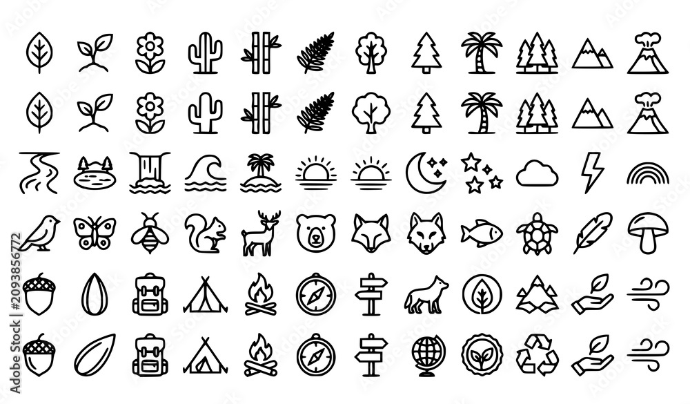 Fototapeta premium Nature line art icons editable stroke vector set with plants trees mountains wildlife landscape and environmental outline symbols