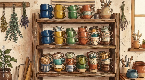 Rustic Kitchen Shelves Filled with Colorful Ceramic Mugs and Pottery.