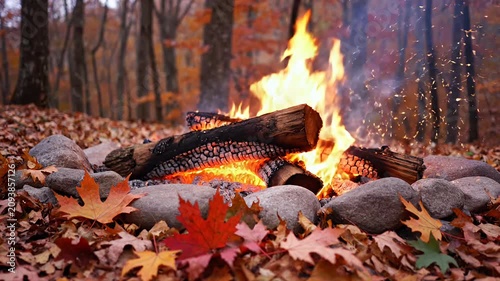 Campfire burning in autumn forest with maple leaves.