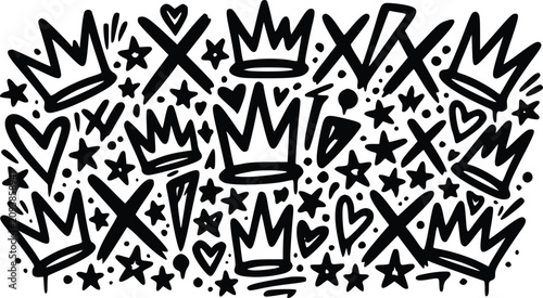 Black and white vector graphic illustration featuring hand drawn crowns and stars in a bold urban graffiti street art style