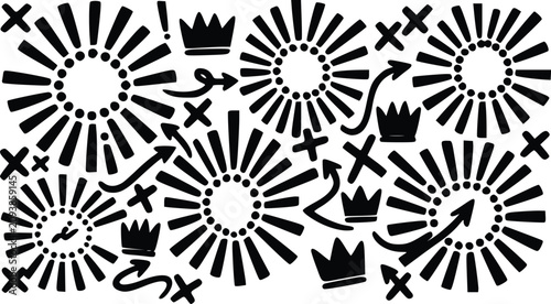 Abstract vector illustration featuring hand drawn bold black sunburst shapes mixed with small crowns and directional arrow design elements