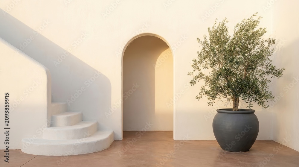 Fototapeta premium A vibrant green olive tree planted in a large dark grey ceramic pot standing beside a curved white archway on transparent background
