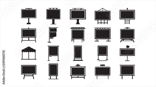 Black Monitor Icon Set with Desktop Screens, Digital Displays and Blank Presentation Board Silhouette Symbols Isolated on White Background