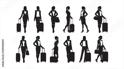 Black Travel and Luggage Icon Set with Men and Women Pulling Suitcases for Tourism and Vacation Design