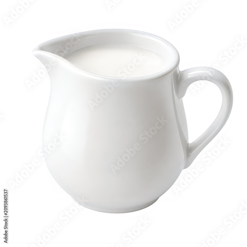 White ceramic milk pitcher filled with fresh dairy, porcelain creamer jug for coffee service, elegant kitchenware for breakfast table isolated on White Background ai
