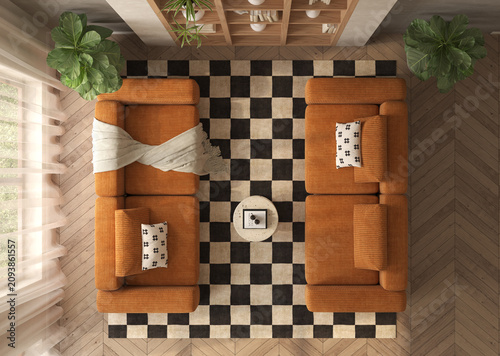Mid century style conceptual dopamine interior room top view