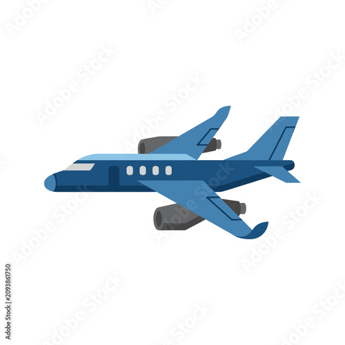 Blue airplane flying through sky.