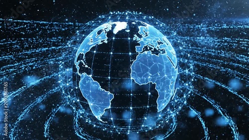 Digital Earth globe with blue glowing data network lines.