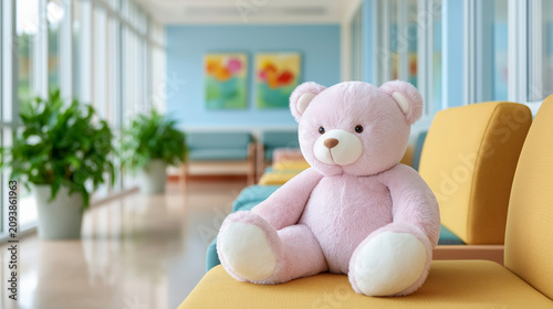 Cute pink teddy bear sitting on a yellow sofa in a bright blurred clinic waiting room with green plants and abstract paintings in the background