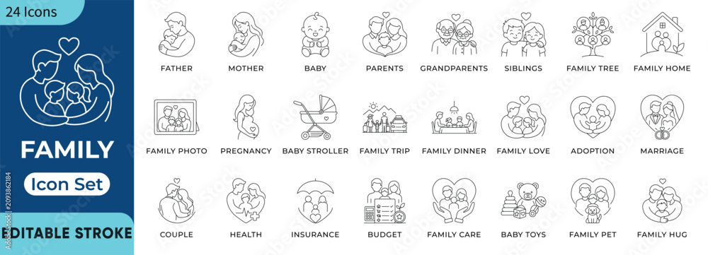 Fototapeta premium Family life and relationship icons set. Parenting and household line icons. Editable parents, baby, grandparents, pregnancy and family tree. Vector illustration