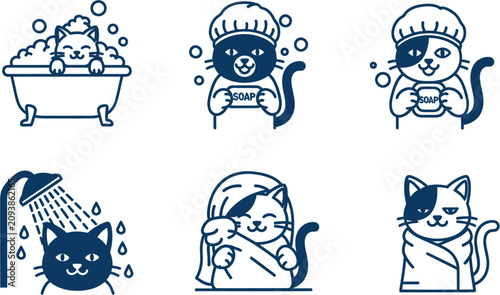 Konstfotografi Cats enjoying bath time with soap bubbles and towels in bathroom