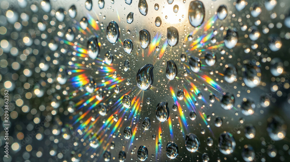 Naklejka premium Water droplets on a surface catch sunlight and form small rainbows. The scene shows a bright day with sparkling colors from the droplets.