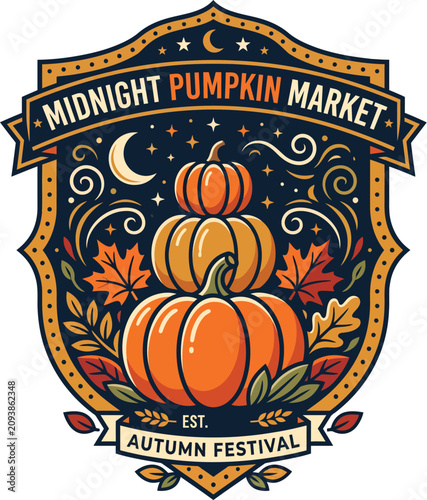 Vintage Midnight Pumpkin Market autumn festival badge with stacked pumpkins vector illustration
