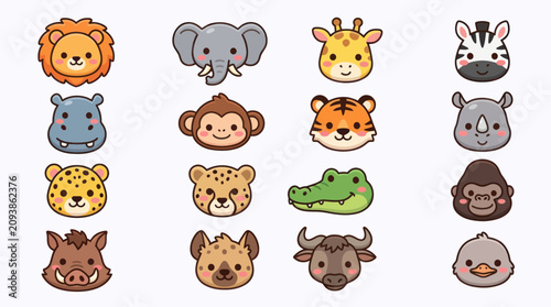Photography Collection of cartoon safari animal faces