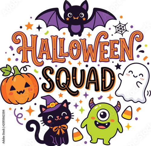 Retro Halloween Squad typography design with cute ghost pumpkin and bat characters vector illustration

