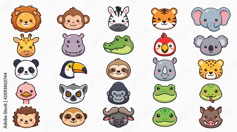 Fototapeta premium Collection of cute animal faces icons
