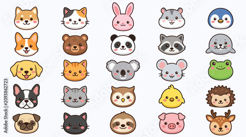 Cuadro en lienzo Collection of cute animal faces icons