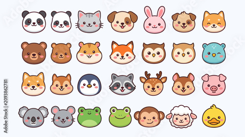 Photography Collection of cute animal faces in cartoon style