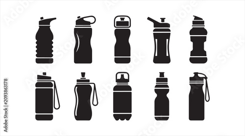 Sports Water Bottle Silhouette Icon Collection with Reusable Hydration Containers for Fitness and Outdoor Activities