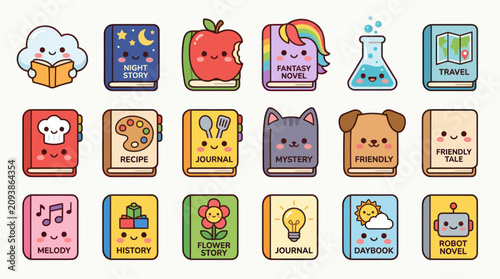 Cute book collection icons with various themes