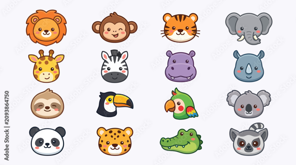 Fototapeta premium Cute cartoon animal faces collection