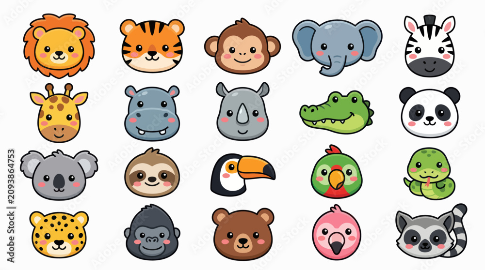 Obraz premium Cute cartoon animal faces collection