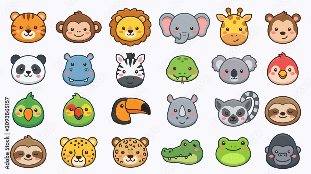 Fototapeta premium Cute cartoon jungle animal faces collection