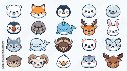 Cute cartoon arctic animal faces collection
