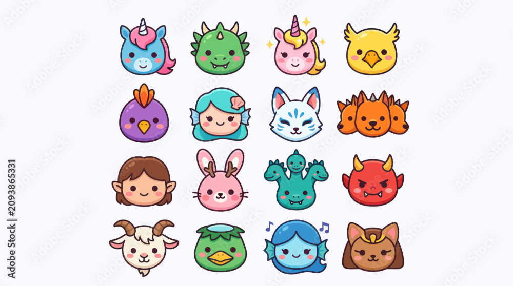 Fototapeta premium Cute cartoon creature faces collection
