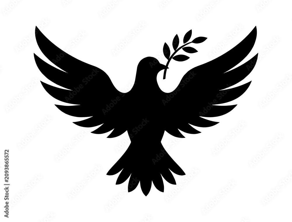 Obraz premium Black silhouette of a flying dove bird holding an olive branch as a symbol of peace and freedom isolated on transparent background, Vector