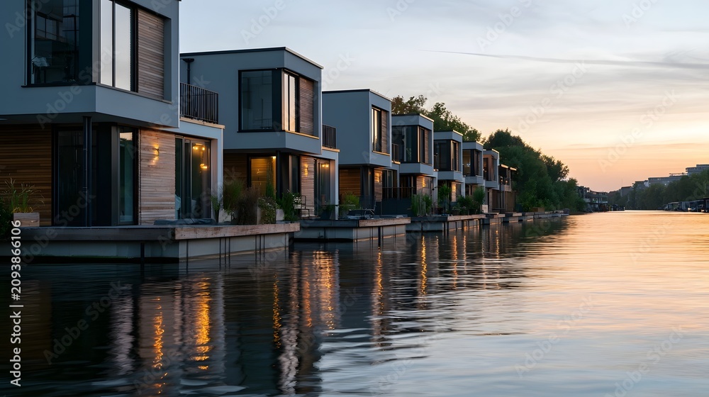 Obraz premium Modern floating homes line a calm river at sunset reflecting warm lights on water surface