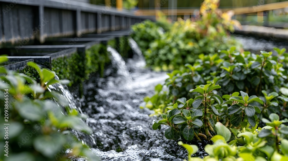 Naklejka premium Water cascades through lush green plants in a constructed wetland system designed for natural wastewater filt n