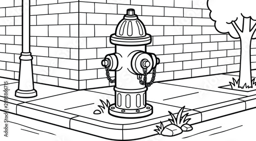 Street corner fire hydrant line art on city sidewalk urban scene black and white