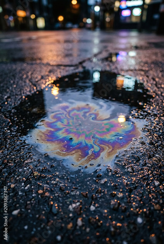 spilled gasoline rainbow pattern on wet asphalt with copy space