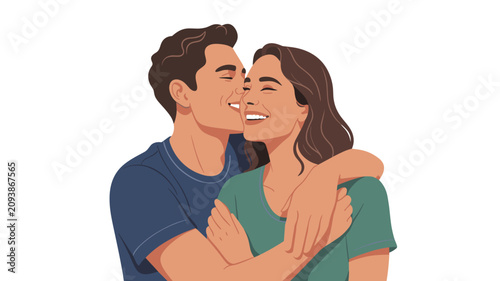 Happy young man and woman hugging and smiling, expressing love, affection, and happiness in a romantic relationship.