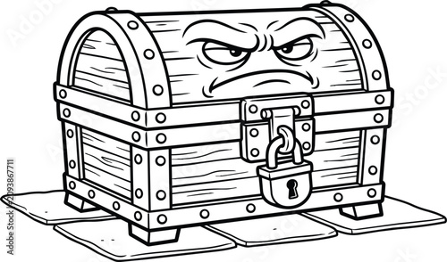 Angry treasure chest with padlock on wooden planks and metal rivets and bolts