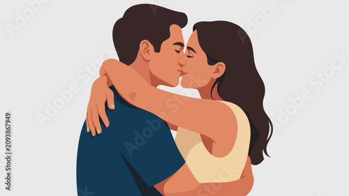 Romantic young couple in a close embrace shares a tender kiss against a neutral background representing love and intimacy.